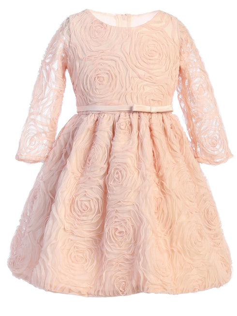 Sweet Kids Little Girls Blush Rosette Mesh Satin Belt Easter Dress 2-6 - SophiasStyle.com